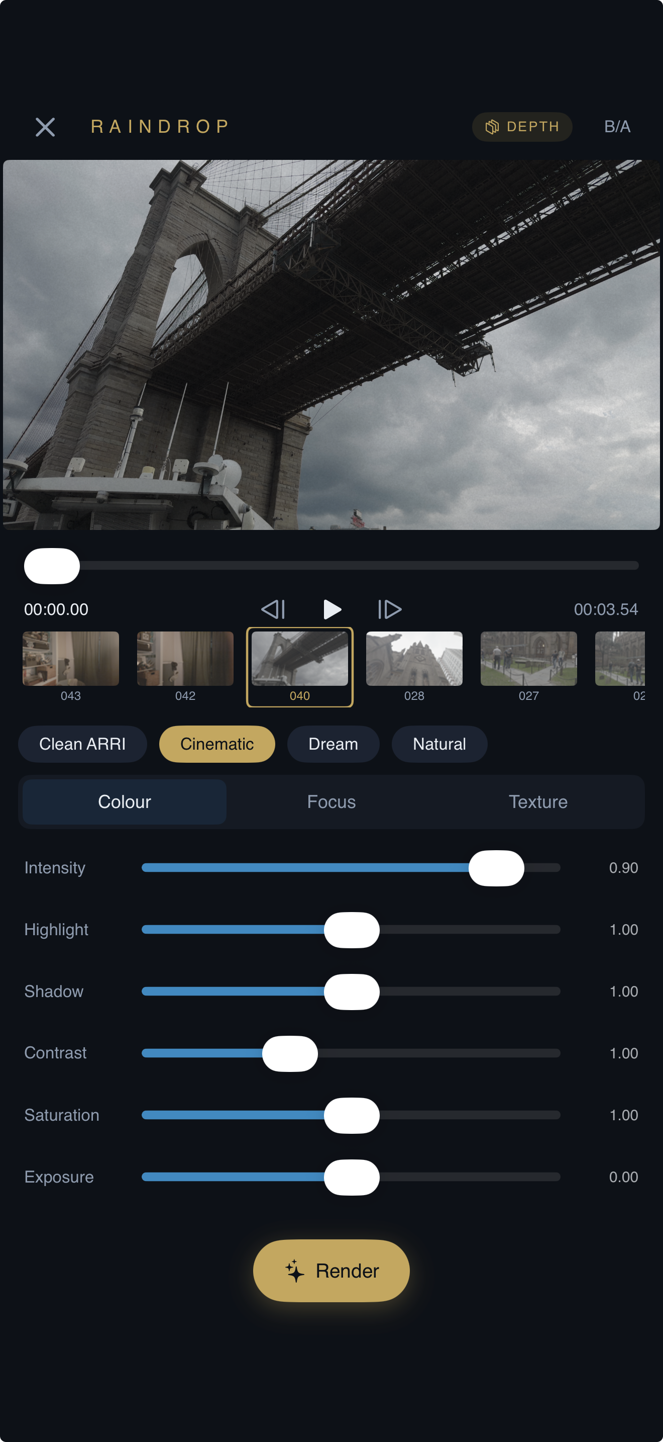 Raindrop Editor — Bridge scene with depth, Cinematic preset, color controls